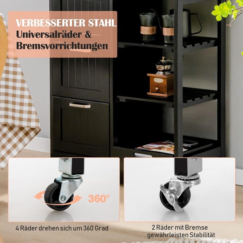 Goplus Kitchen Trolley with Storage Space, Serving Trolley on Wheels with 3 Deep Drawers, Open Shelves & Removable Tray, Rolling Cart for Kitchen, Dining Room, Bar, Restaurant (Black) - Image 4