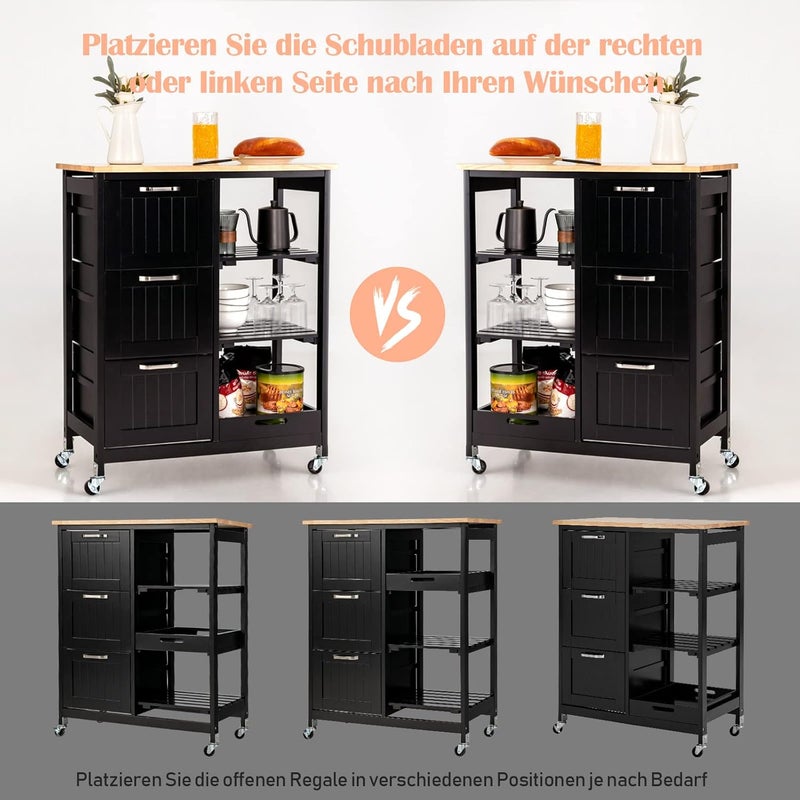 Goplus Kitchen Trolley with Storage Space, Serving Trolley on Wheels with 3 Deep Drawers, Open Shelves & Removable Tray, Rolling Cart for Kitchen, Dining Room, Bar, Restaurant (Black) - Image 3