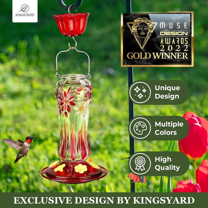 Kingsyard مغذي الطيور الطنانة من للتعليق في الهواء الطلق، سعة 25 أونصة، مغذي رحيق الطيور الطنانة زجاجي مع حاجز النمل و6 منافذ تغذية، مانع للتسرب، أحمر - Image 2
