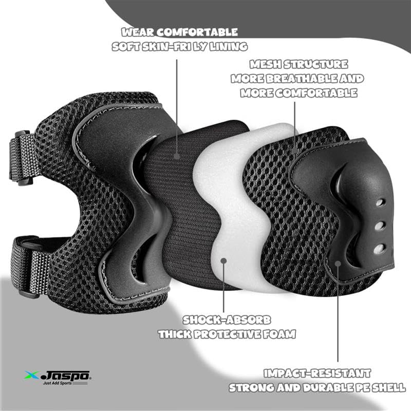 Jaspo Secure Hybrid Protective Gear Set - Knee, Elbow, and Wrist Guards with HDPE Shell, Polyester Mesh, EVA Foam & Soft PU Cushioning for Skating, Cycling - Image 4