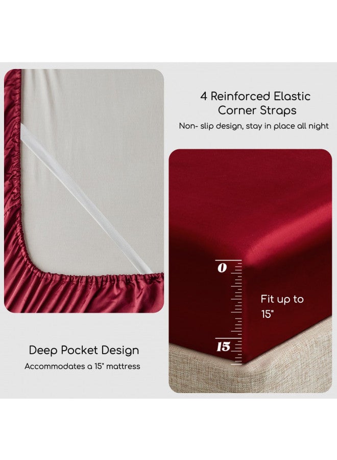 MR&HM Satin Bed Sheets, Queen Size Sheets Set, 4 Pcs Silky Bedding Set with 15 Inches Deep Pocket for Mattress (Queen, Burgundy) - Image 4