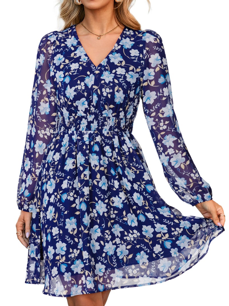 Simplee Womens Floral Mini Dress - Long Sleeve Casual V Neck Chiffon Modest Boho Flowy Fall Wedding Guest Dresses,Blue Floral M - Image 1