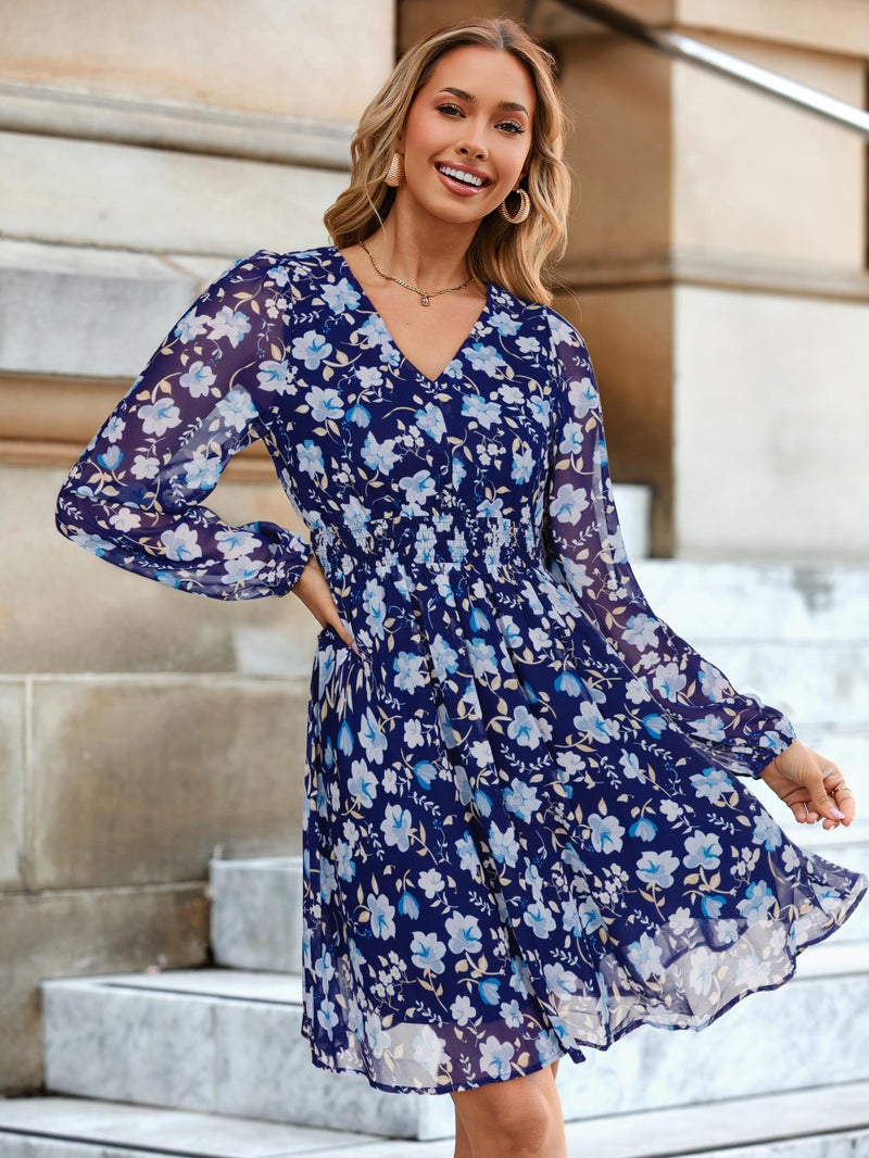 Simplee Womens Floral Mini Dress - Long Sleeve Casual V Neck Chiffon Modest Boho Flowy Fall Wedding Guest Dresses,Blue Floral M - Image 2