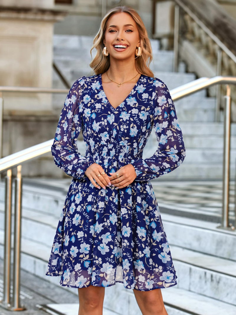 Simplee Womens Floral Mini Dress - Long Sleeve Casual V Neck Chiffon Modest Boho Flowy Fall Wedding Guest Dresses,Blue Floral M - Image 5