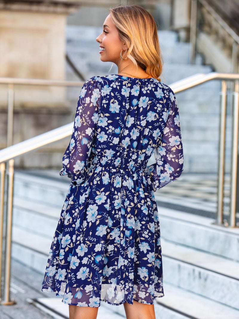 Simplee Womens Floral Mini Dress - Long Sleeve Casual V Neck Chiffon Modest Boho Flowy Fall Wedding Guest Dresses,Blue Floral M - Image 4