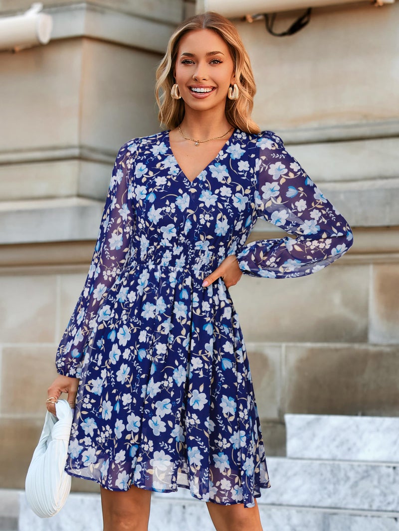 Simplee Womens Floral Mini Dress - Long Sleeve Casual V Neck Chiffon Modest Boho Flowy Fall Wedding Guest Dresses,Blue Floral M - Image 3