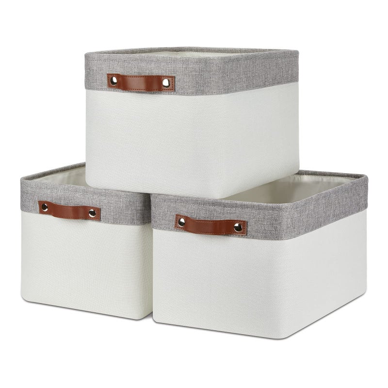 DULLEMELO Storage Baskets for Organizing ShelvesBedroom Decorative Storage Bins with Leather Handles Fabric Storage Basket for Office Toys3Pack Medium15 inch X 11 inch X 95 inch  GreyWhite