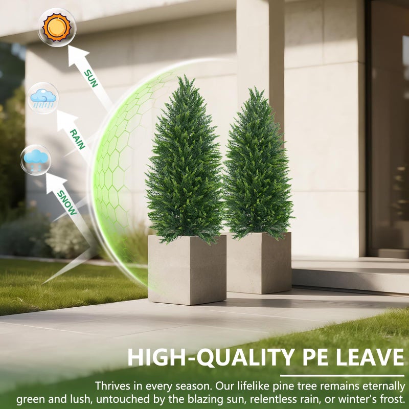 Yangrass 4FT Artificial Cedar Topiary Tree Set of 2, Faux Evergreen Pine Shrubs Plants with Pot, Realistic Fake Plants for Indoors Outdoors Front Porch Christmas Decor - Image 4