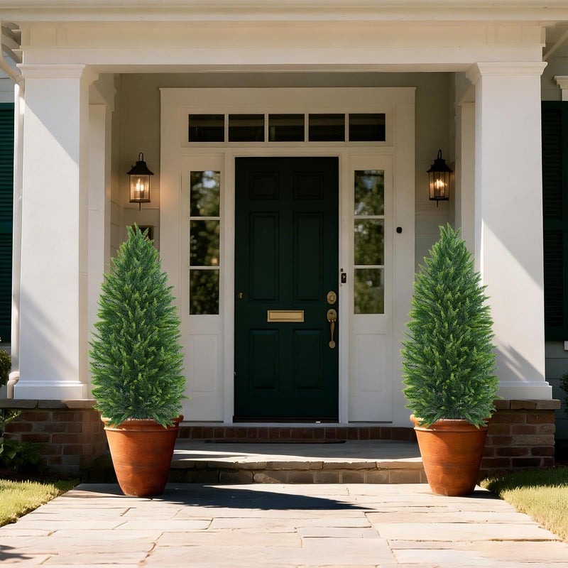 Yangrass 4FT Artificial Cedar Topiary Tree Set of 2, Faux Evergreen Pine Shrubs Plants with Pot, Realistic Fake Plants for Indoors Outdoors Front Porch Christmas Decor - Image 2