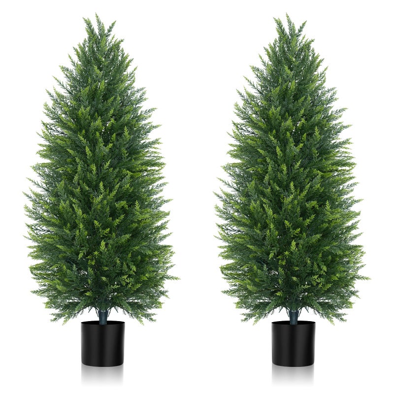 Yangrass 4FT Artificial Cedar Topiary Tree Set of 2, Faux Evergreen Pine Shrubs Plants with Pot, Realistic Fake Plants for Indoors Outdoors Front Porch Christmas Decor - Image 1