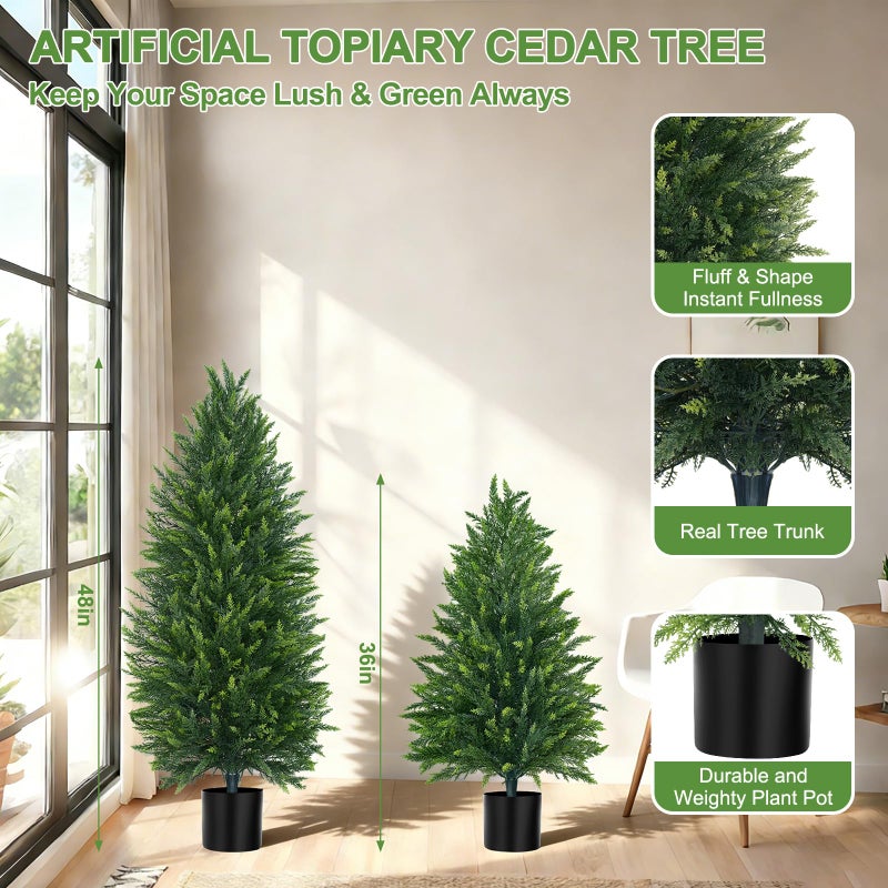 Yangrass 4FT Artificial Cedar Topiary Tree Set of 2, Faux Evergreen Pine Shrubs Plants with Pot, Realistic Fake Plants for Indoors Outdoors Front Porch Christmas Decor - Image 3