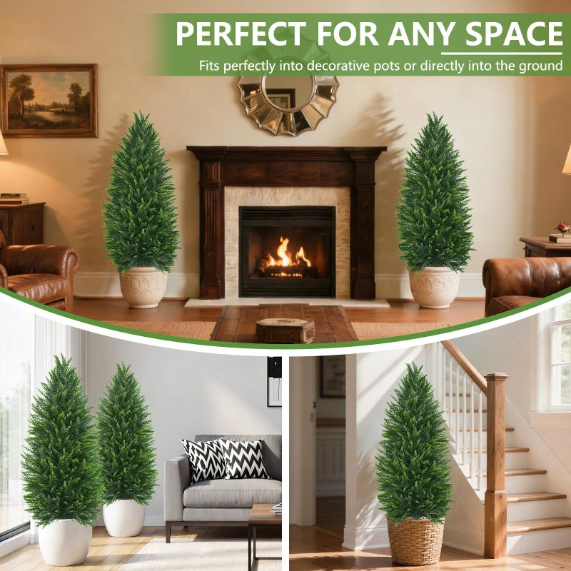 Yangrass 4FT Artificial Cedar Topiary Tree Set of 2, Faux Evergreen Pine Shrubs Plants with Pot, Realistic Fake Plants for Indoors Outdoors Front Porch Christmas Decor - Image 5