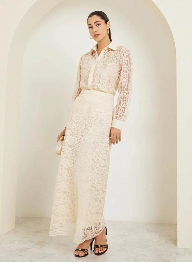 Styli Beige Lace Buttoned Embellished Shirt