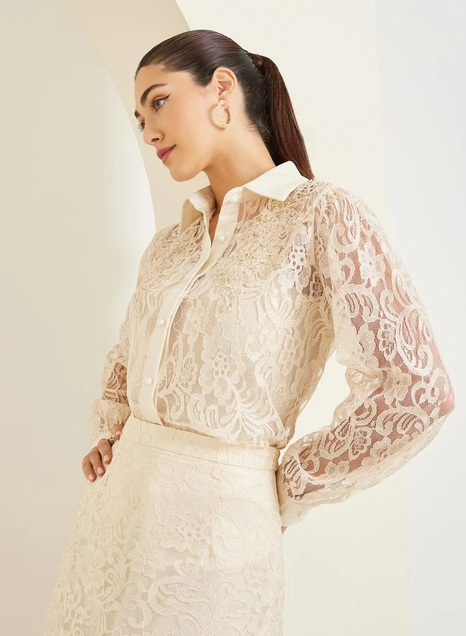 Styli Beige Lace Buttoned Embellished Shirt