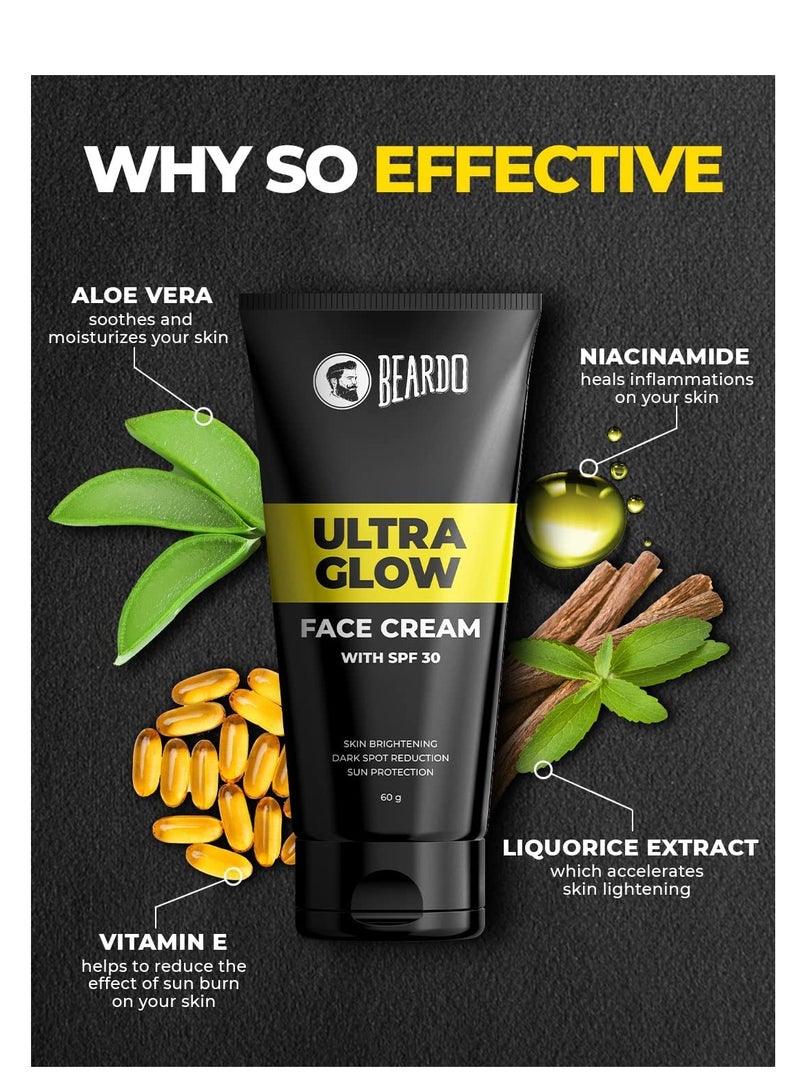 بيردو كريم Beardo Ultraglow All in One للوجه للرجال بعامل حماية من الشمس 30، 60 جرام | جل الصبار مع فيتامين E والنياسيناميد لتفتيح البشرة وتقليل البقع الداكنة - Image 3