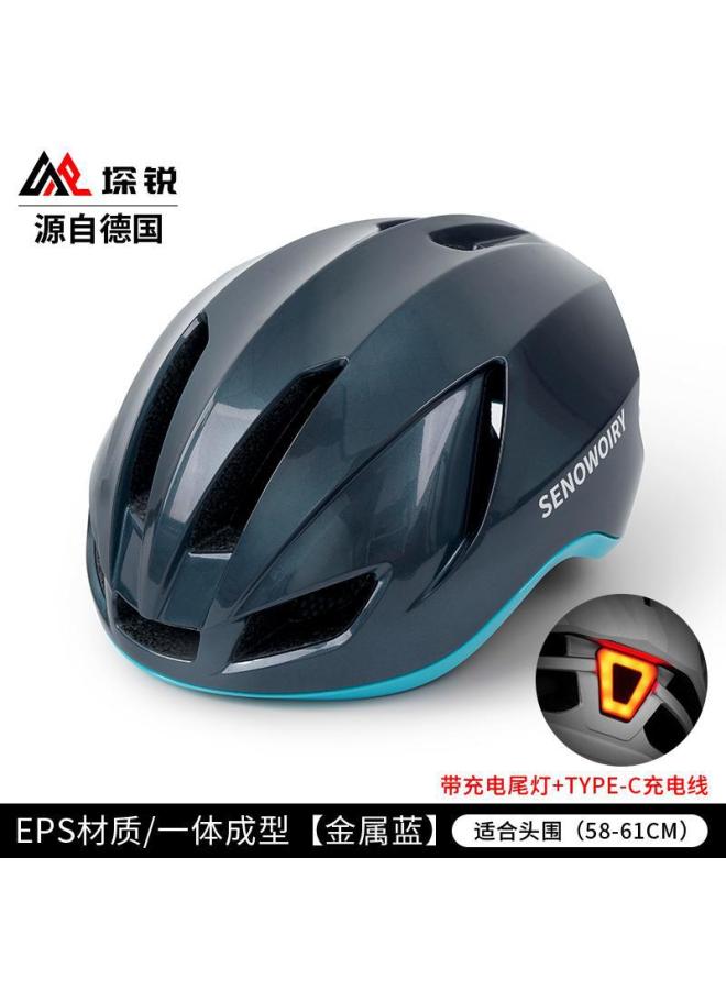 Bicycle Helmet Unisex All-in-One Molding Adjustable Breathable with Rechargeable Tail Light for Mountain Road Bike (Metallic Blue)
