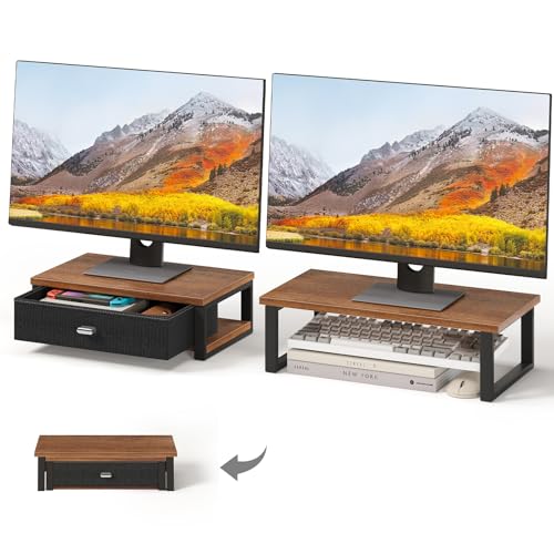 WOHOMO Dual Monitor Stand Riser with Drawers, Desk Organizers for 2 Monitors, Desktop Storage Stand for Computer,Laptop,Walnut - Image 1
