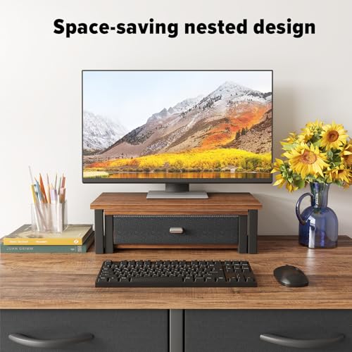 WOHOMO Dual Monitor Stand Riser with Drawers, Desk Organizers for 2 Monitors, Desktop Storage Stand for Computer,Laptop,Walnut - Image 5