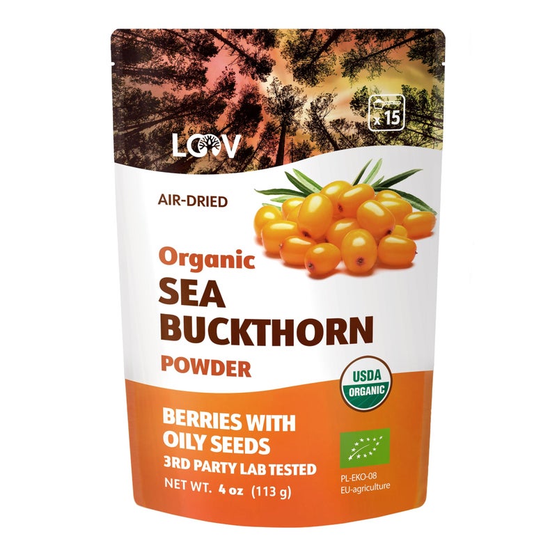 LOOV Organic Sea Buckthorn Berry Powder, High in Fiber, Omegas, Vitamin C, Vitamin E, Made from Whole Berries, 4 Oz, Grown in Nordic Climate, 23-Day Supply, No Added Sugar, Non-GMO - Image 1