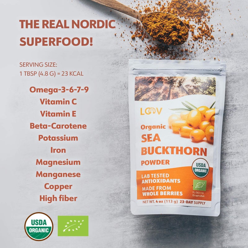 LOOV Organic Sea Buckthorn Berry Powder, High in Fiber, Omegas, Vitamin C, Vitamin E, Made from Whole Berries, 4 Oz, Grown in Nordic Climate, 23-Day Supply, No Added Sugar, Non-GMO - Image 2