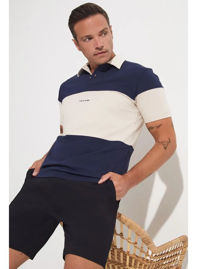 جون June Men Regular Fit Color Blocked Short Sleeve Necked T-Shirt Navy