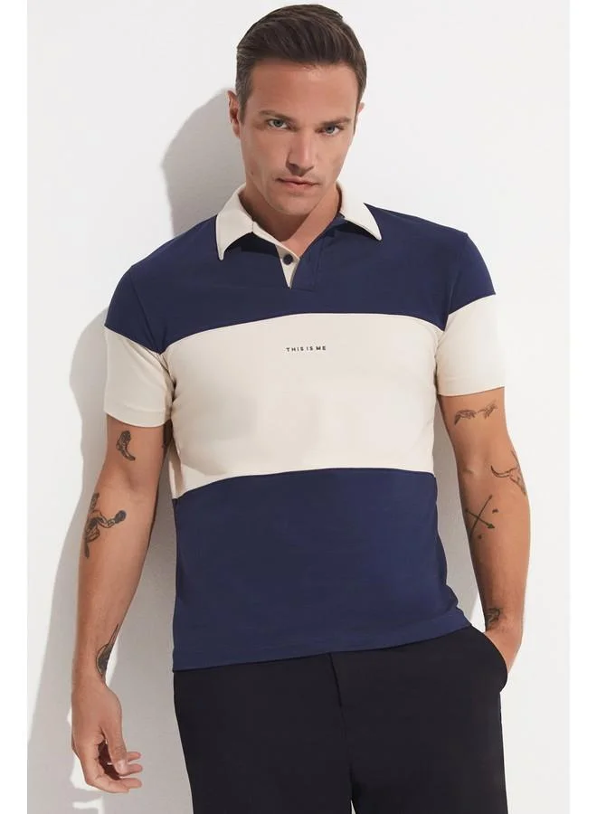 جون June Men Regular Fit Color Blocked Short Sleeve Necked T-Shirt Navy