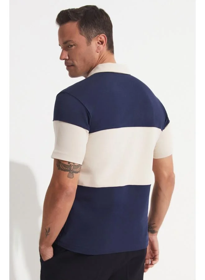 جون June Men Regular Fit Color Blocked Short Sleeve Necked T-Shirt Navy
