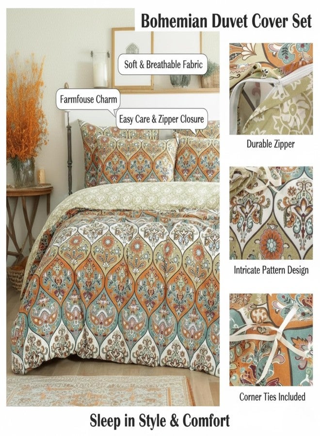 DaDa Bedding Bohemian Duvet Cover w/Pillow Cases - Reversible Coral Teal Floral Paisley Botanical Garden Party - Bright Vibrant Multi-Colorful Blue Salmon Pink - Cal King - 3-Pieces - Image 2