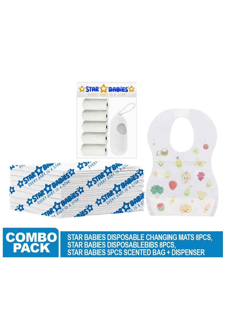 STAR BABiES Star Babies Disposable Combo pack (Changing Mat 8pcs, Bibs 8pcs, Scented Bag w/dispenser)-White  - Image 2