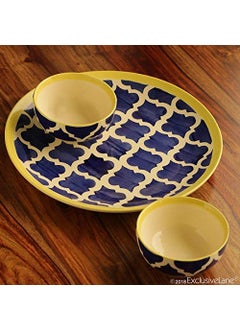 ExclusiveLane ExclusiveLane Ceramic 'Moroccan Platter Pack' Handpainted Serving Plate with Serving Bowl Dinnerware Set (1 Plate, 2 Bowls, Blue)  - Image 1