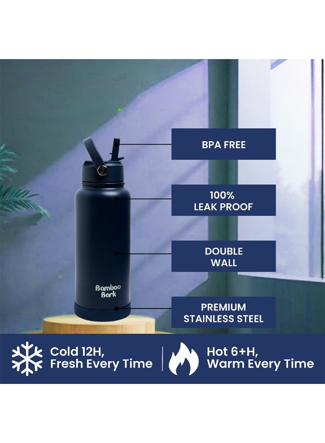Bamboo Bark 1000 ML Insulated Water Bottle with Sipper Lid – Stainless Steel Double Wall Vacuum Flask for Hot & Cold Water Leak-Proof, Reusable Sports Thermos Bottle - (Deep Navy) - Image 2