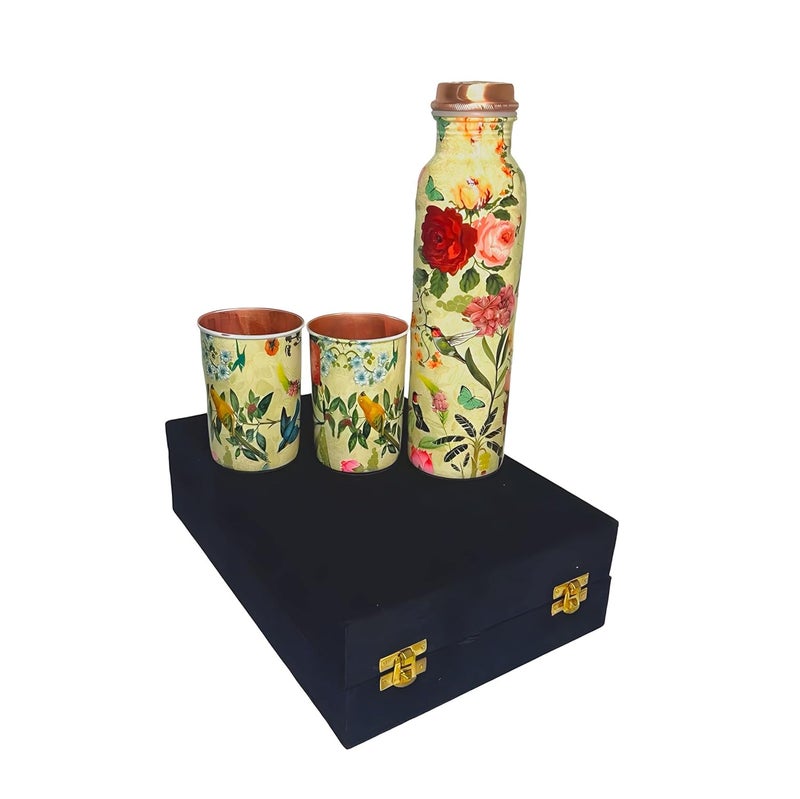 PIEPOT l Meena Printed Copper Water Bottle Set l Copper Water Bottle with Tumbler l Black Velvet Box l Wedding gift l Marriage gift l Home Use - Image 1