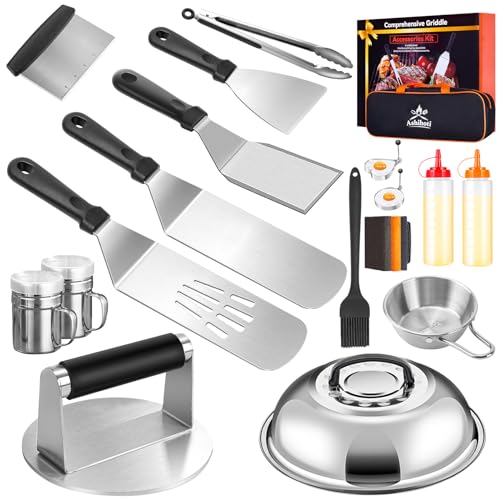 Ashihoti Official Griddle Accessories BBQ Grill Set - 20pcs Stainless Steel Barbecue Tools Kit for Blackstone with Griddle Spatula Basting Cover Grill Mats Carry Bag for Camping,Flat Top Camp Chef Utensil - Image 1