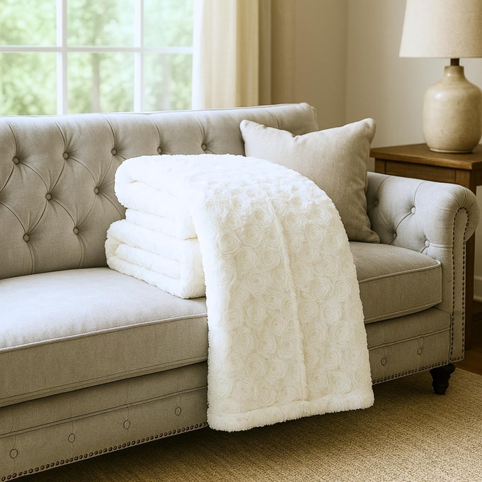 DADA BEDDING LUXURY WHITE ROSES FLUFFY AND CUDDLY FAUX FUR WITH SHERPA BACKSIDE FLEECE CLOUD THROW BLANKET SUPER SOFT WARM PLUSH LUXE SOLID TOSS FOR SOFA COUCH OR QUEEN BED 90 X 90