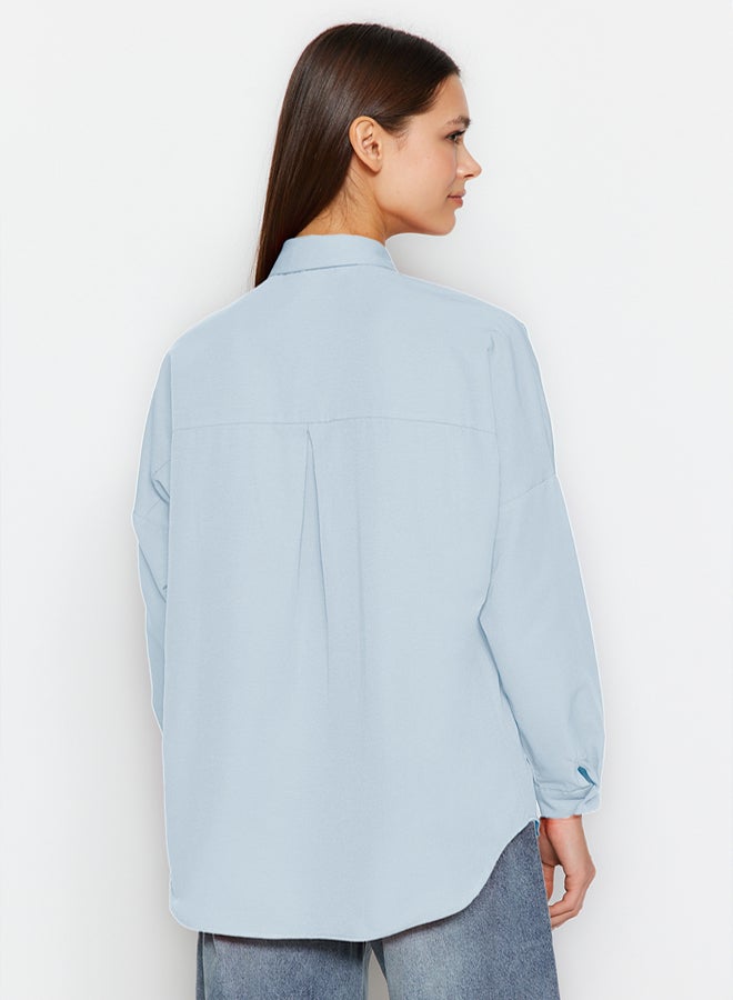 trendyol Light Blue Cotton Oversize Wide Fit Woven Shirt - Image 5