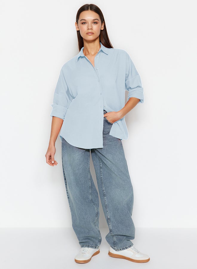 trendyol Light Blue Cotton Oversize Wide Fit Woven Shirt - Image 3