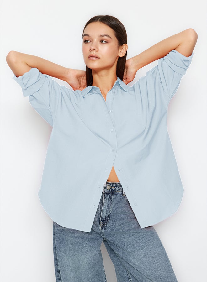 trendyol Light Blue Cotton Oversize Wide Fit Woven Shirt - Image 1