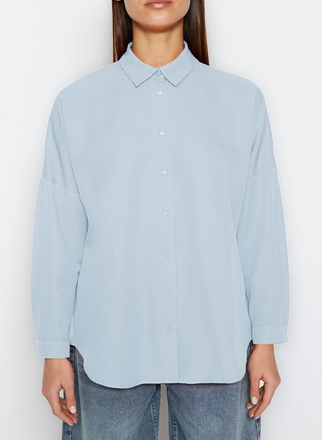 trendyol Light Blue Cotton Oversize Wide Fit Woven Shirt - Image 4