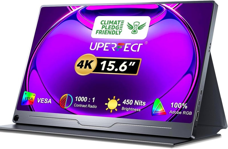 Uperfect Truely 4K Computer Monitor, 15.6" UHD FreeSync 100% AdobeRGB 450 Nits Brightness HDR IPS Speaker Eye Care Game Display 2 Type-C Full HDMI for Laptop Phone, VESA & Smart Case - Image 1