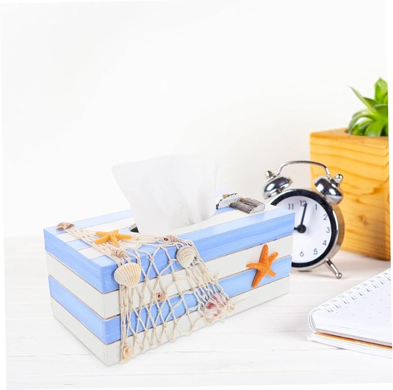 Wooden Tissue Box Holder Mediterranean Style Decorative Storage Case For Home Office Tabletop - Image 5