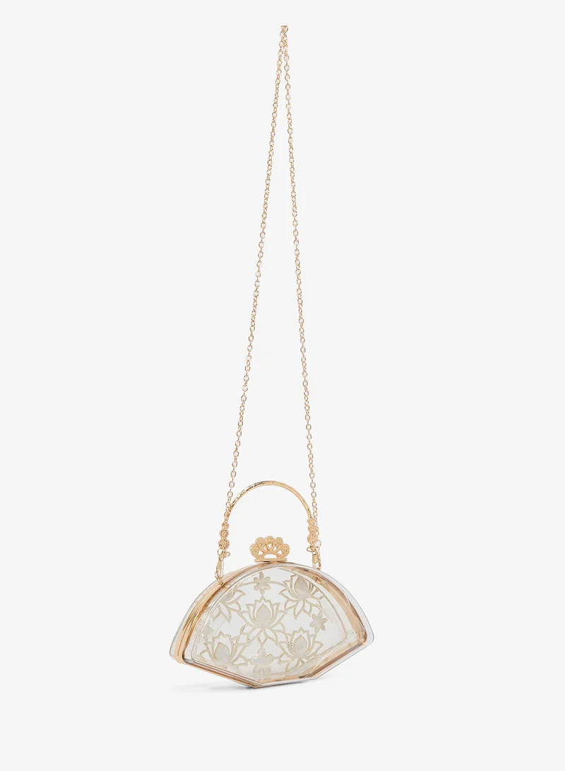 Khizana Rhinestone Detailed Floral Embellished Transparent Clear Top Handle Statement Clutch