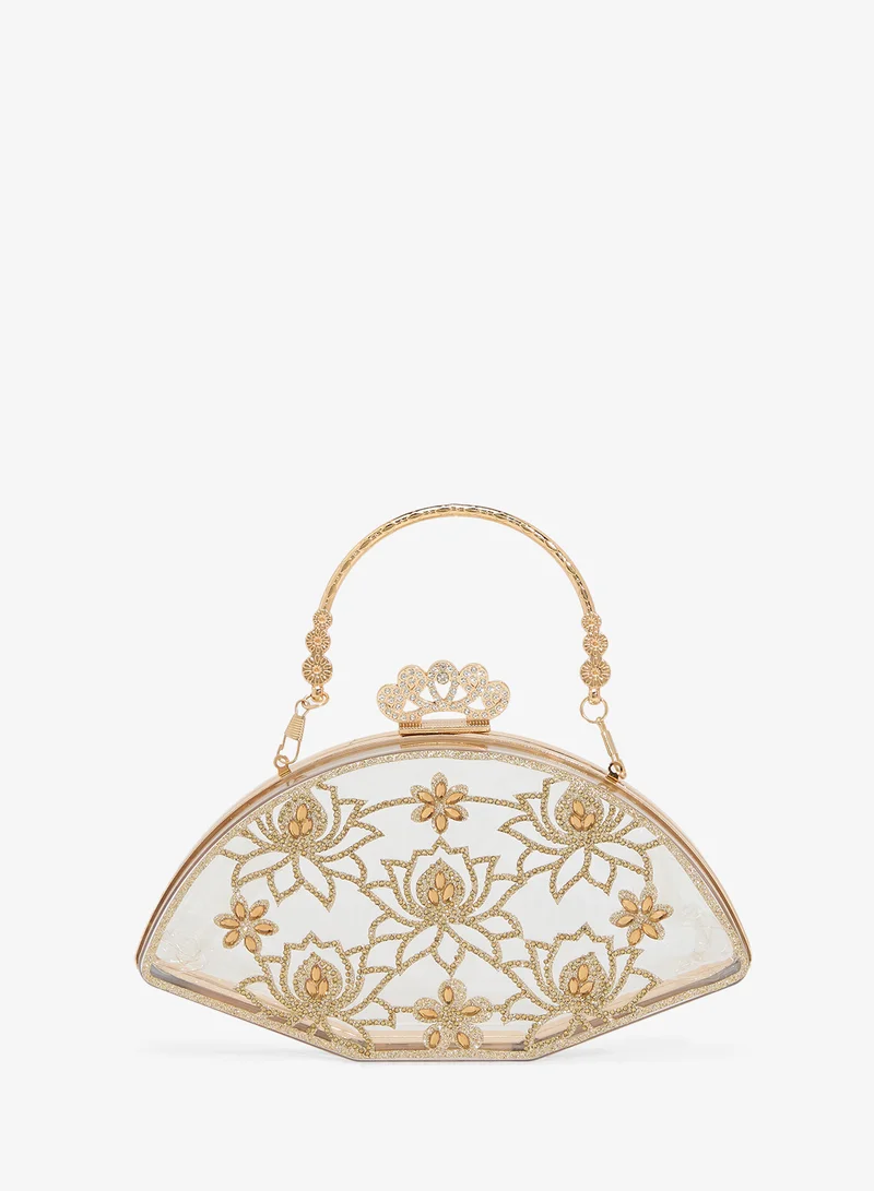 Khizana Rhinestone Detailed Floral Embellished Transparent Clear Top Handle Statement Clutch