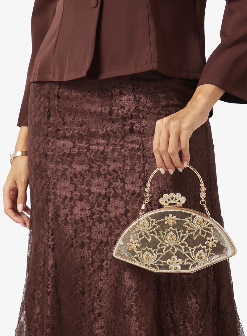 Khizana White Rhinestone Detailed Floral Embellished Transparent Clear Top Handle Statement Clutch for Women | Best Price UAE