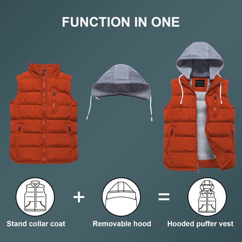 CREATMO US Men's Multiple Pockets Puffer Vest Outdoor Daily Puffy Gilet Waterproof Sleeveless Outerwear Winter Bubble Jacket Earth Red Medium - Image 4