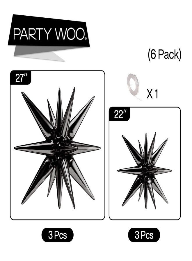 PartyWoo Black Star Foil Balloons 6pcs Different Sizes Pack of 27 22 Inch Large Black Explosion Spike Mylar Balloons for Graduation Birthday Retirement Anniversary Space Theme Party Decorations - Image 3