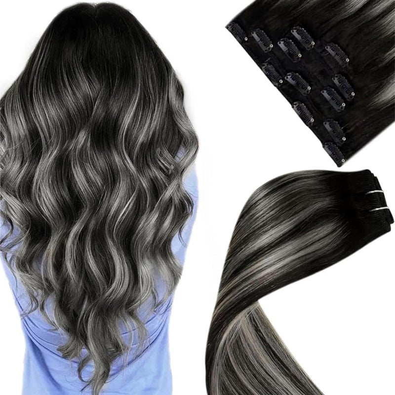 LaaVoo Clip in Hair Extensions Ombre Off Black to Grey Silver Balayage Human Hair Clip in Extensions Silver Balayage Hair Extensions Clip ins Long Straight Double Weft 22Inch 5pcs 80g - Image 3