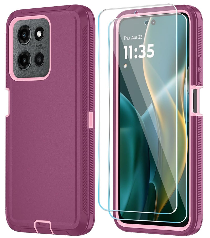 Qinmay Phone Case for Motorola Moto G 2025/Moto G Play 5G 2025 Case with HD Screen Protector, Heavy Duty Shockproof & Dropproof 3-Layer Cover Phone Case,WineRedPink - Image 1