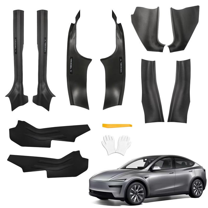doietc 8Pcs Door Sill Protector and 2Pcs Center Console Anti-Kick Pads for Tesla Model Y Juniper 2025 2026 Front and Rear Door Pedal Kick Protection Carbon Fiber Friction Resistant Interior Accessories - Image 1