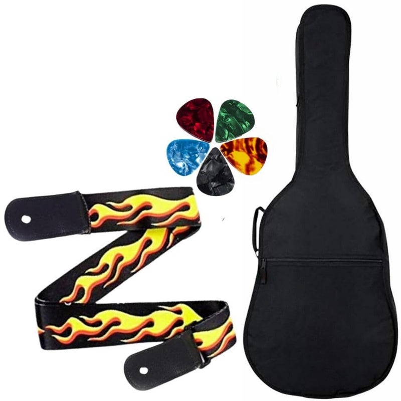 Mocking Bird Acoustic Guitar Bag Foam Padded Guitar Cover for 38, 39, 40, 41 inch with Adjustable Guitar Strap and Picks for Acoustic Electric Bass Guitar (Guitar Bag with Fire Strap) - Image 1