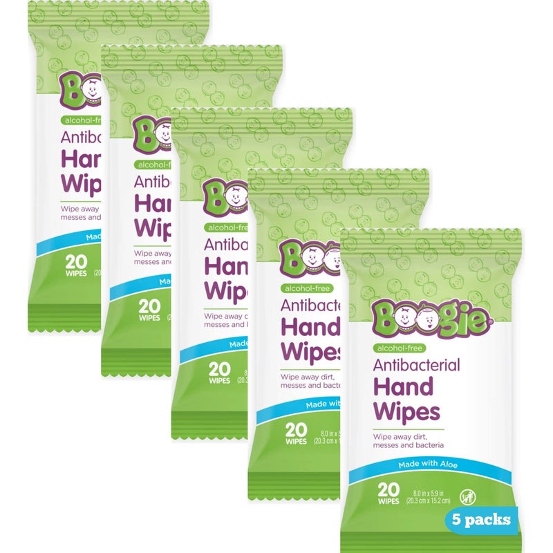 Boogie Antibacterial Hand Wipes by Boogie Alcohol Free Hypoallergenic and Moisturizing Aloe for Kids and Adults 100 Total Wipes 5 Packs of 20